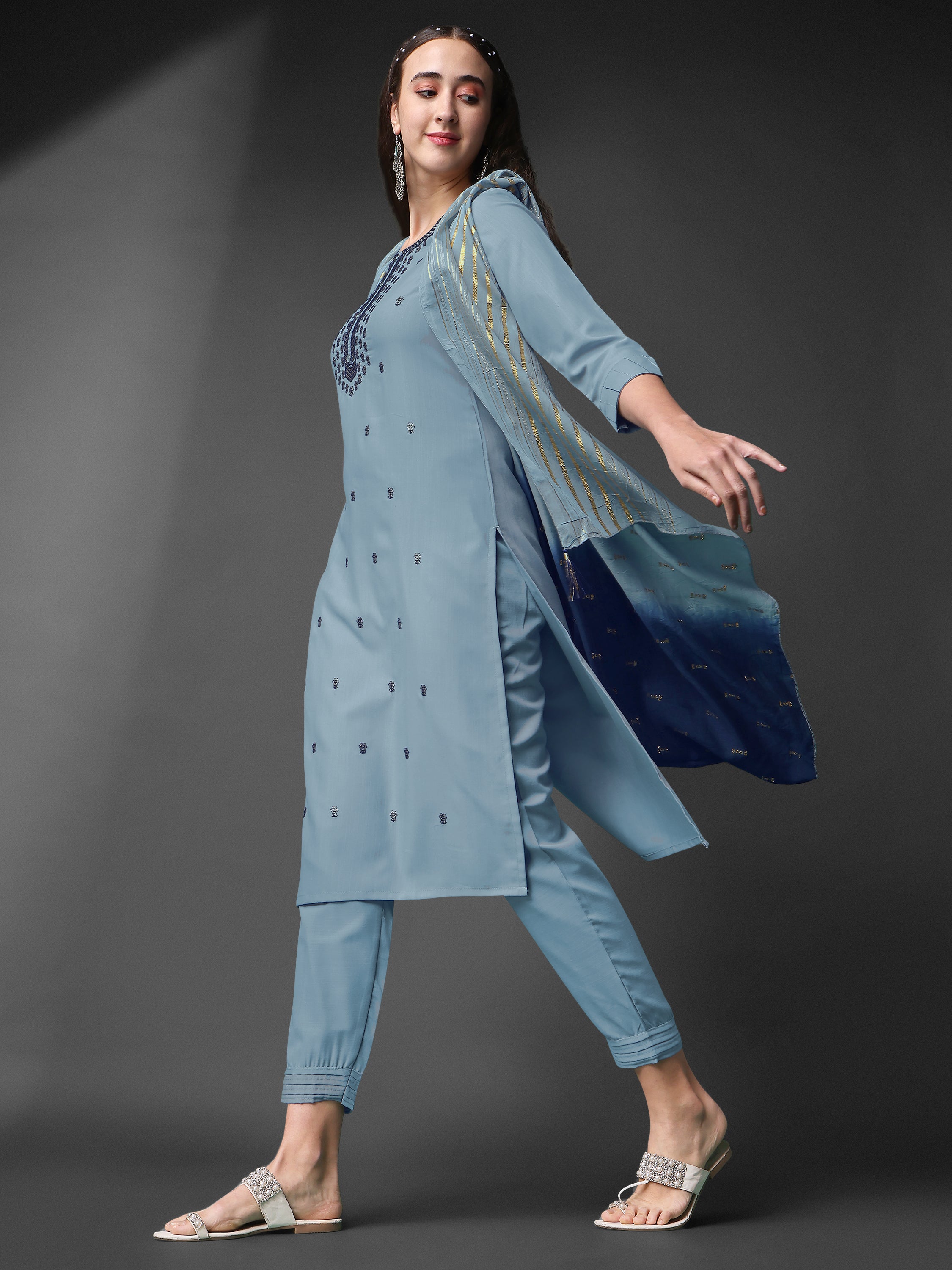 Women's Grey Embroidery Cotton Kurta Set Collection - Dwija Fashion