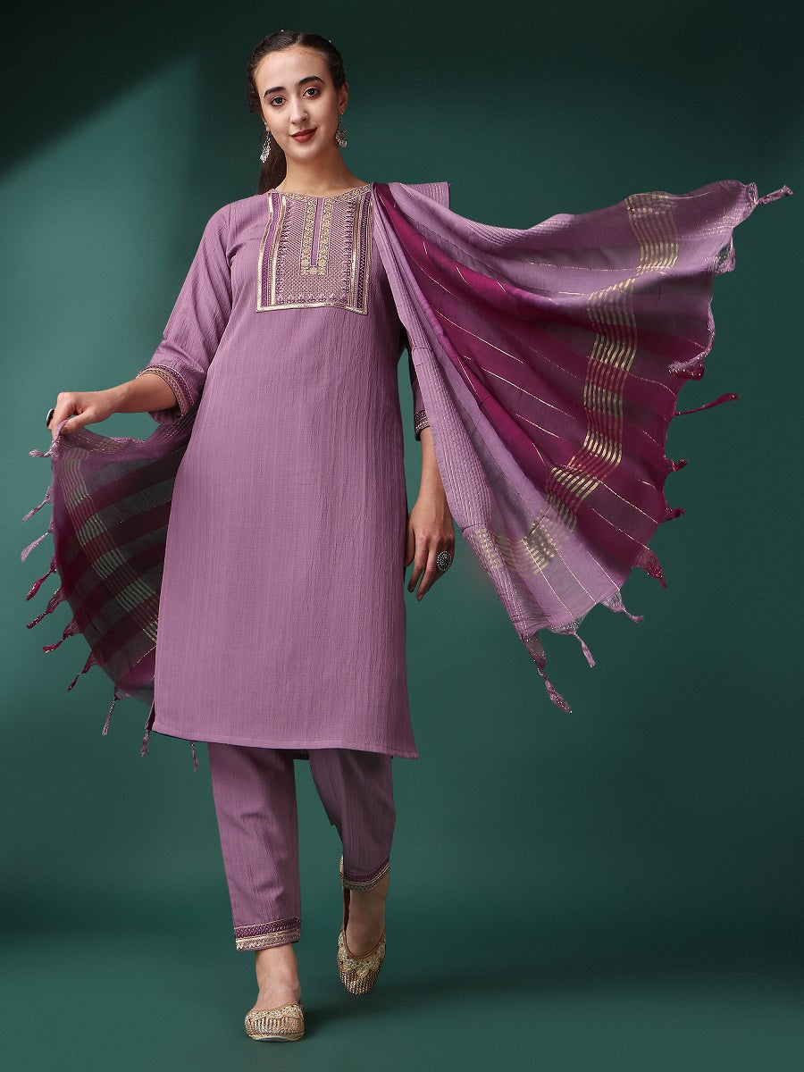 Women's Purple Embroidery Work In Neck Kurta Set - Dwija Fashion
