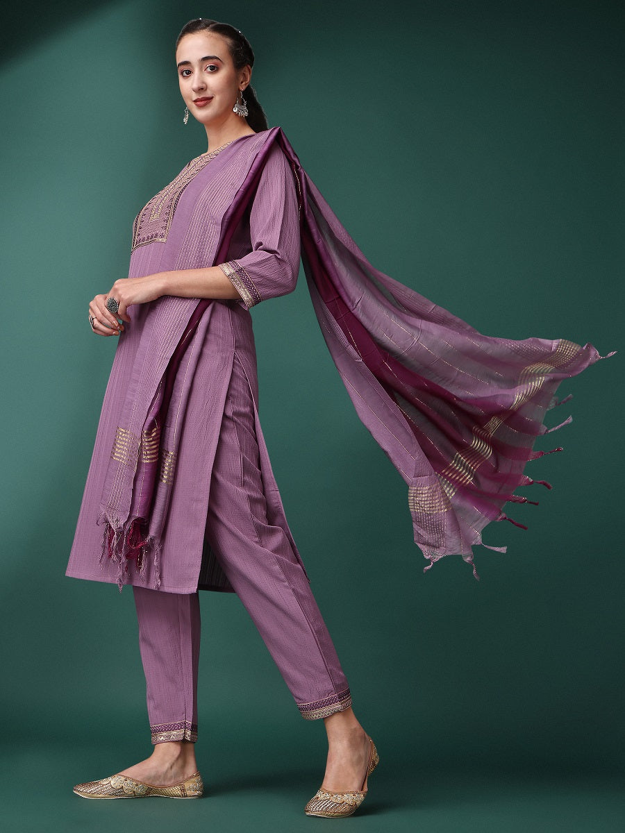 Women's Purple Embroidery Work In Neck Kurta Set - Dwija Fashion
