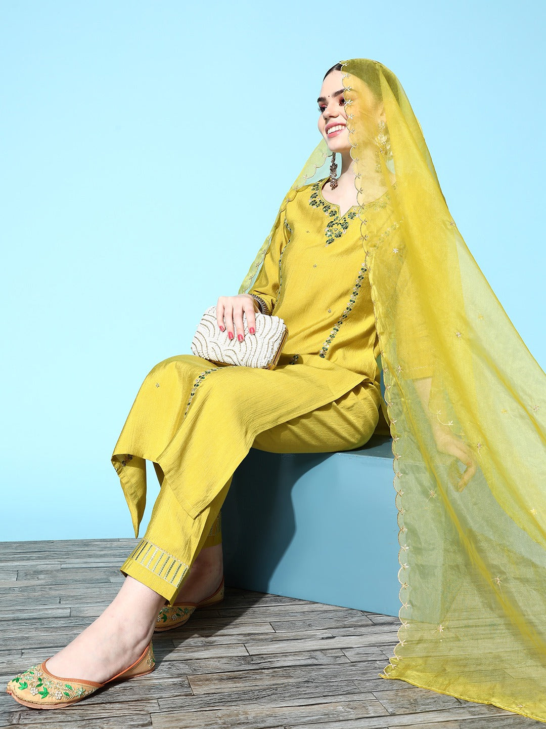Women's Yellow Embroidery Worked In Neck Kurta Set - Dwija Fashion