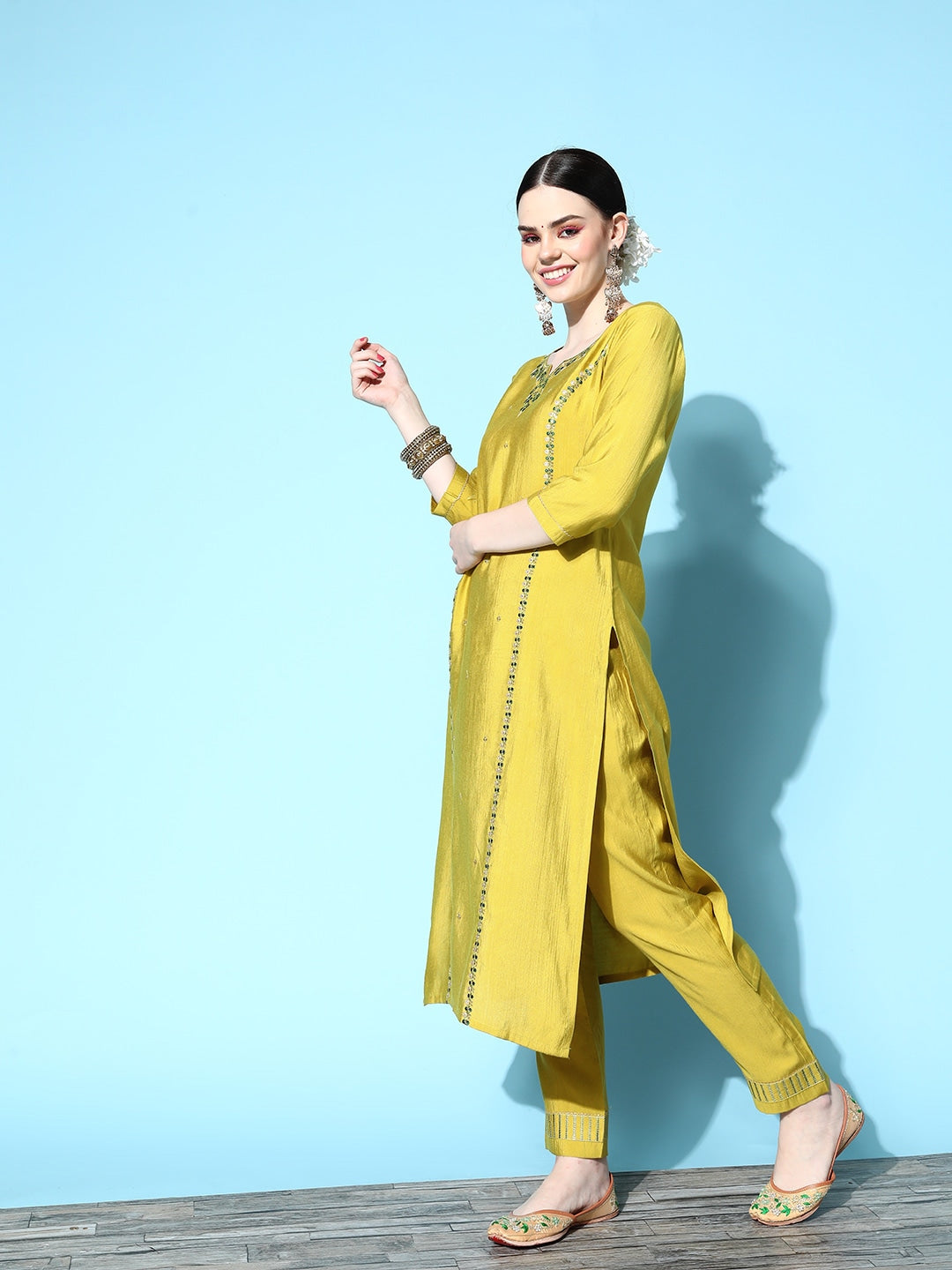 Women's Yellow Embroidery Worked In Neck Kurta Set - Dwija Fashion