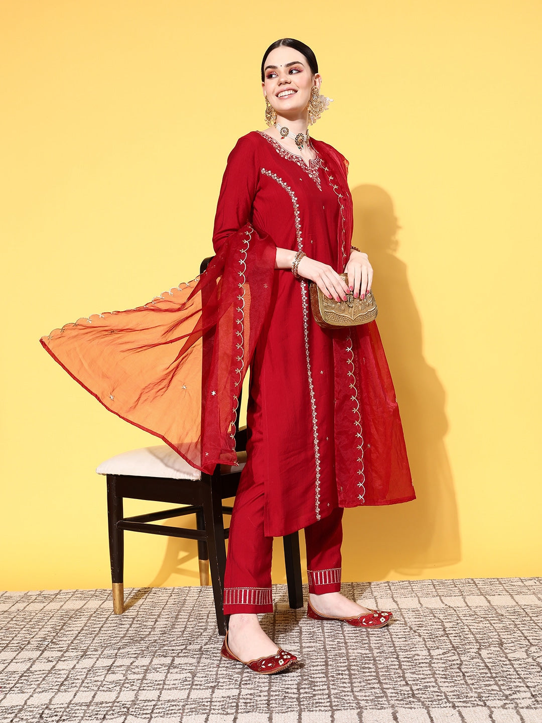 Women's Red Embroidery Worked In Neck Kurta Set - Dwija Fashion