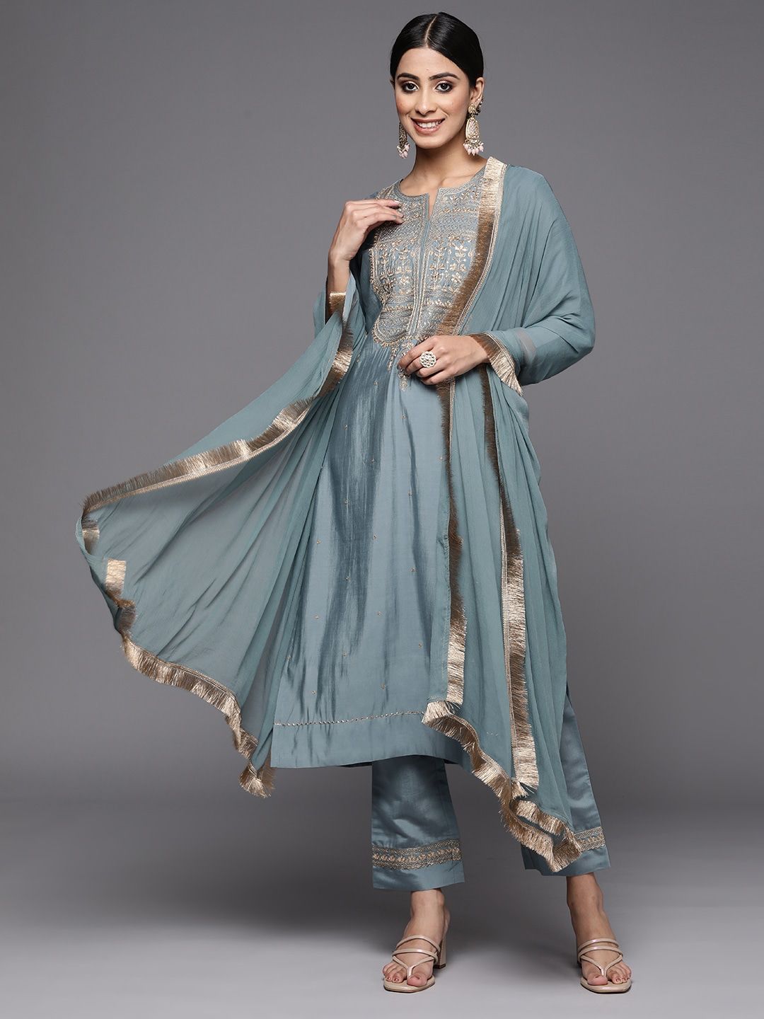 Women's Grey Viscose Chanderi Kurta set - Dwija Fashion