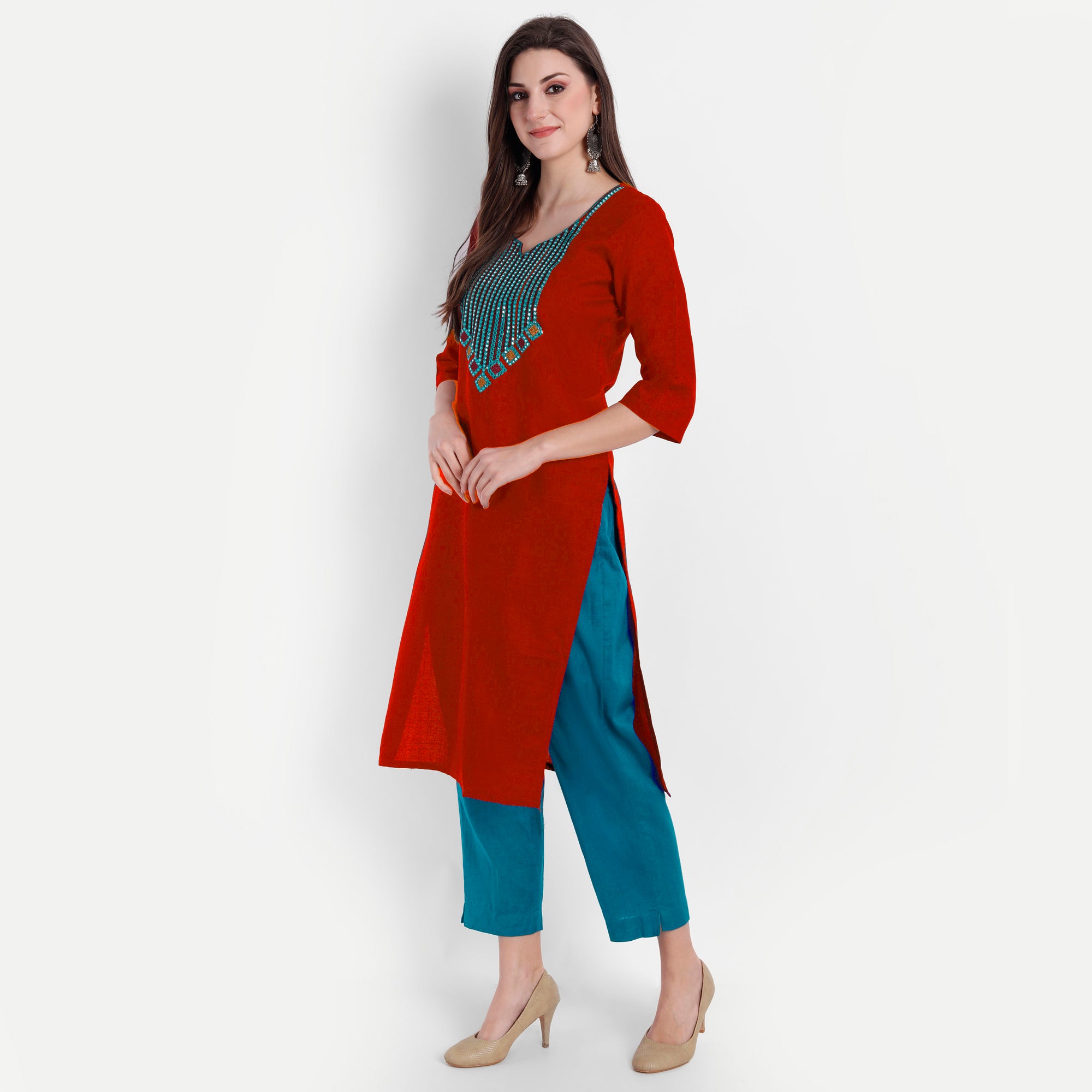 Women's Red Cotton Kurti - Dwija Fashion