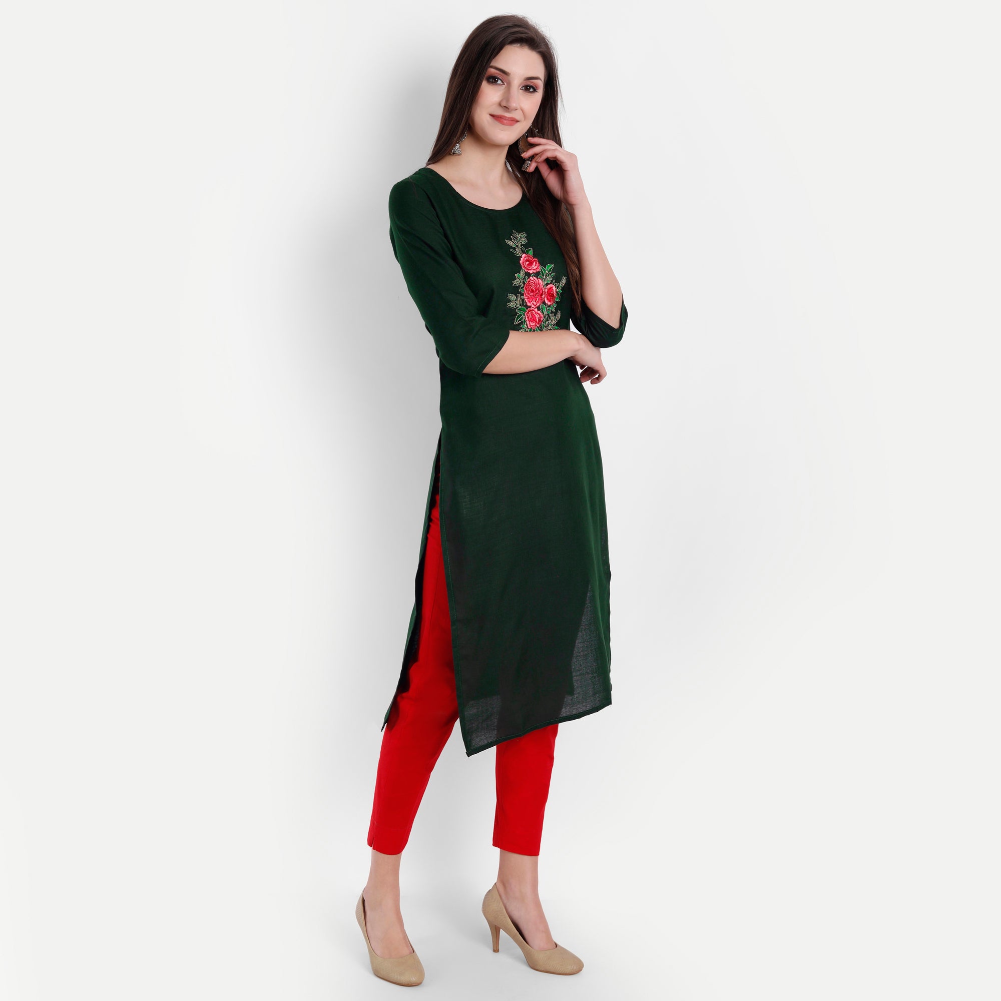 Women's Green Cotton Kurti - Dwija Fashion