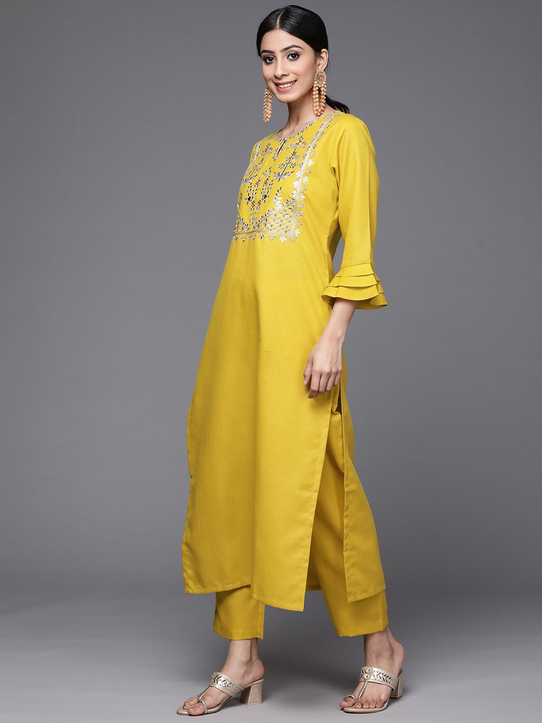 Women's Yellow Sequence Embroidery Kurta Set - Dwija Fashion