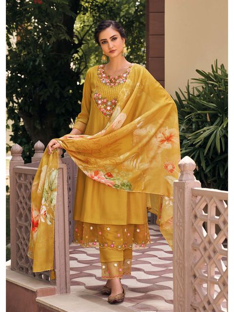 Women's Mustard Embroidery Kurta Set