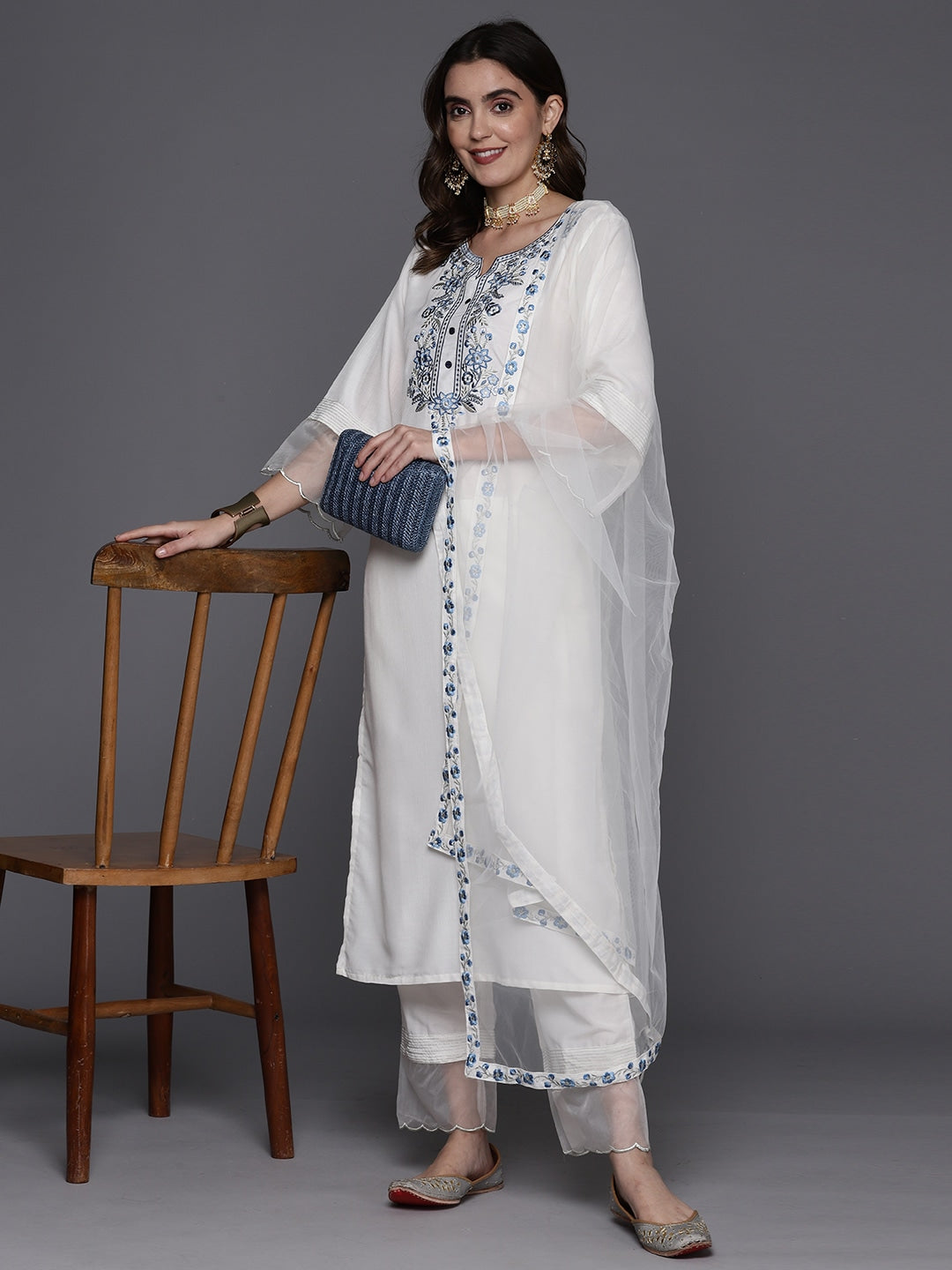 Women's White Emboridery Kurta Set - Dwija Fashion