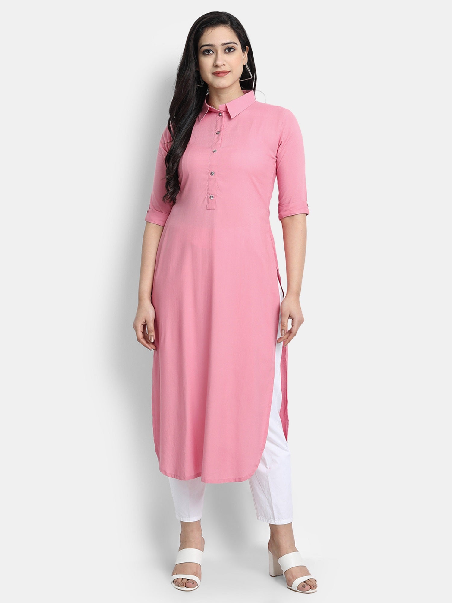 Women's Pink Plain Kurta - Dwija Fashion