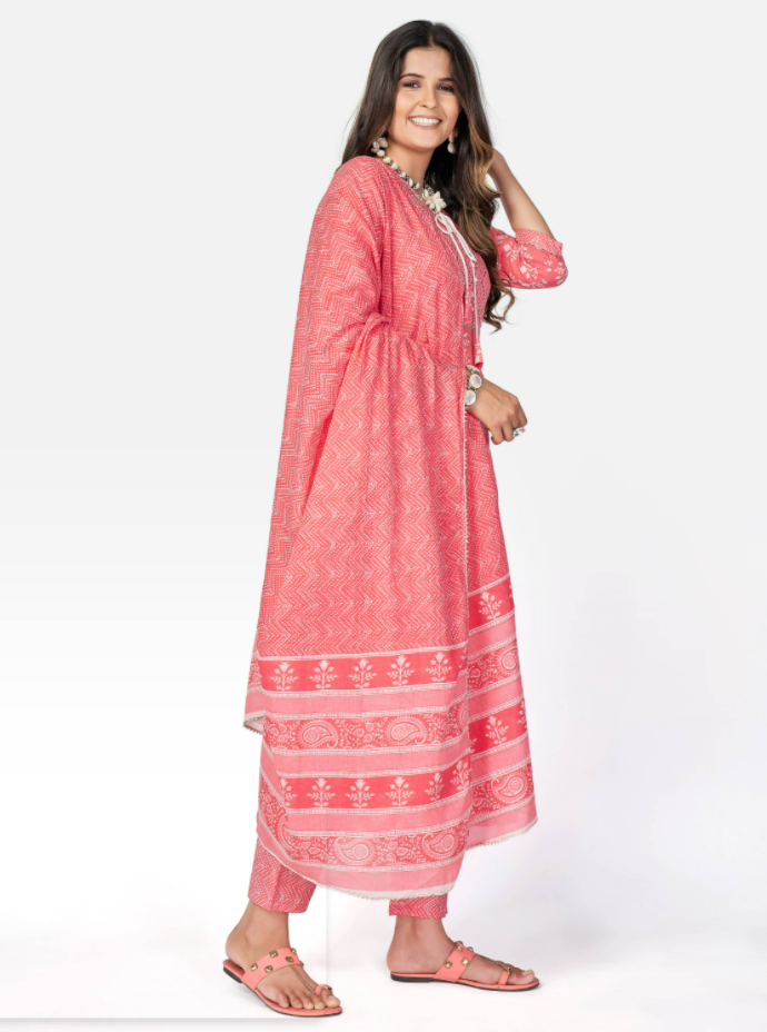 Women's Pink Anarkali Cotton Kurta With Pant & Dupatta By Vbuyz (3Pcs Set)