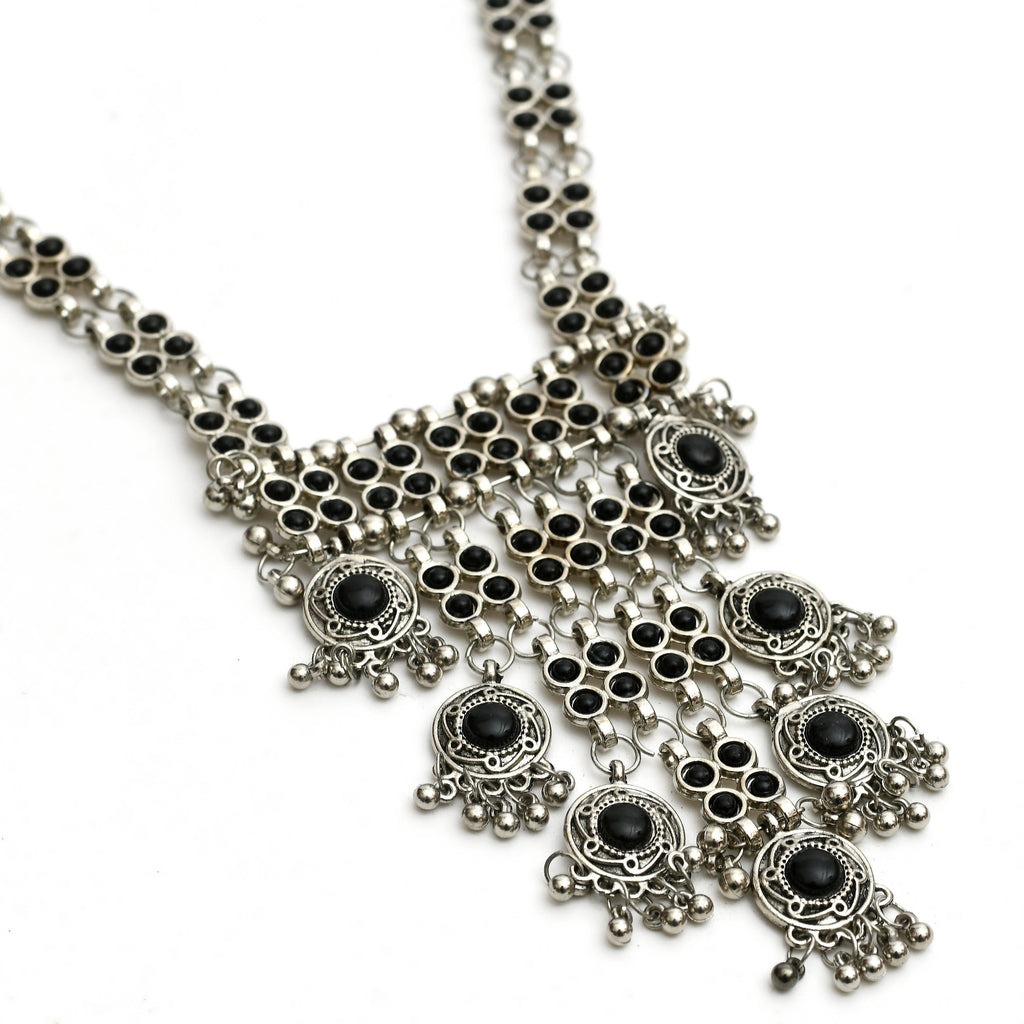 Kamal Johar Silver-Plated Black Color Kundan Necklace with Ear