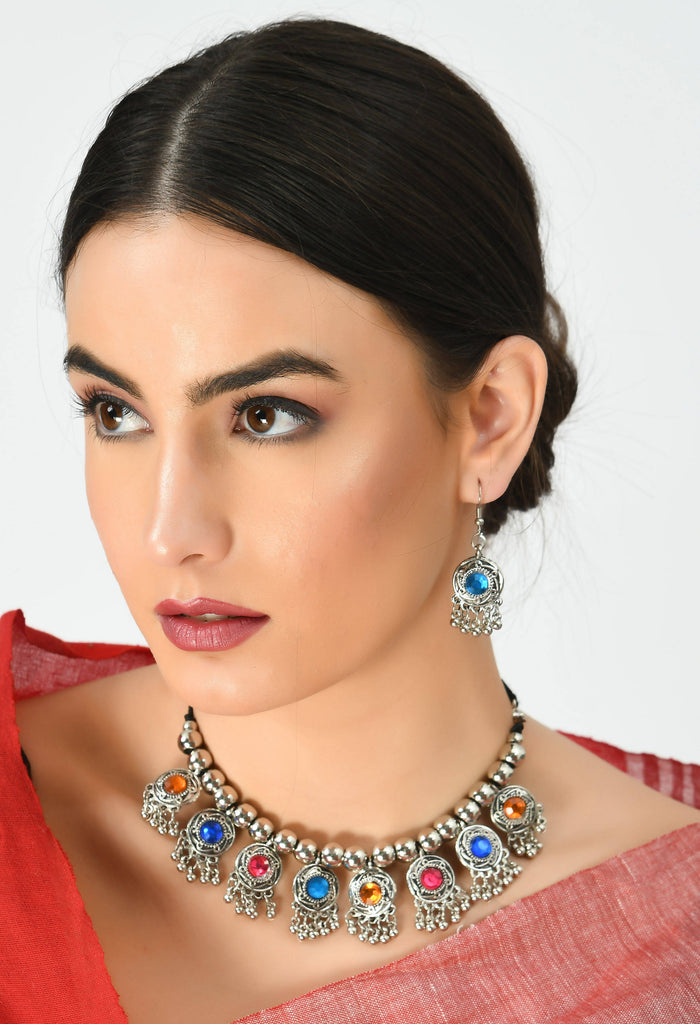 Kamal Johar Silver-Plated Multi Color Necklace with Ear