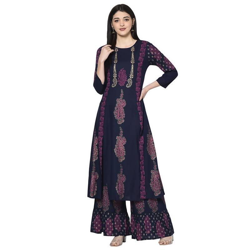 Women's Navy Blue Rayon Block print A-line flared long kurta Palazzo set with two front slit