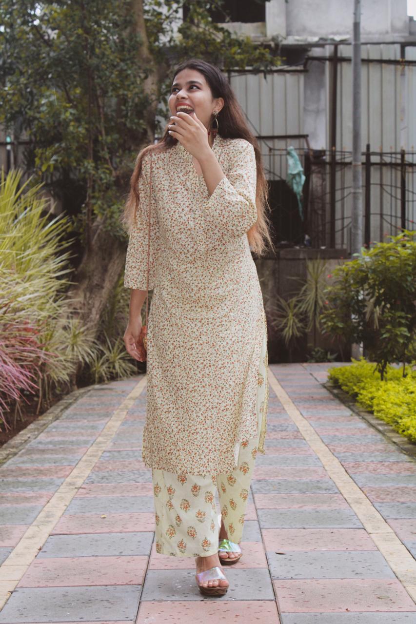 Women's Yellow Floral Printed Kurta with Palazzos - Jompers