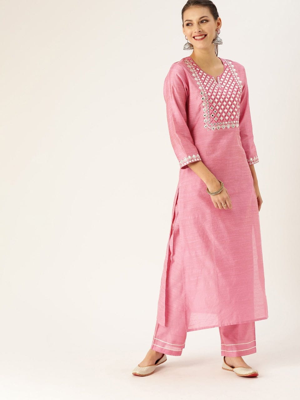 Women's Pink Yoke Design Kurta with Trousers - Varanga