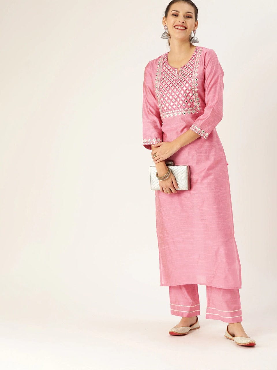Women's Pink Yoke Design Kurta with Trousers - Varanga