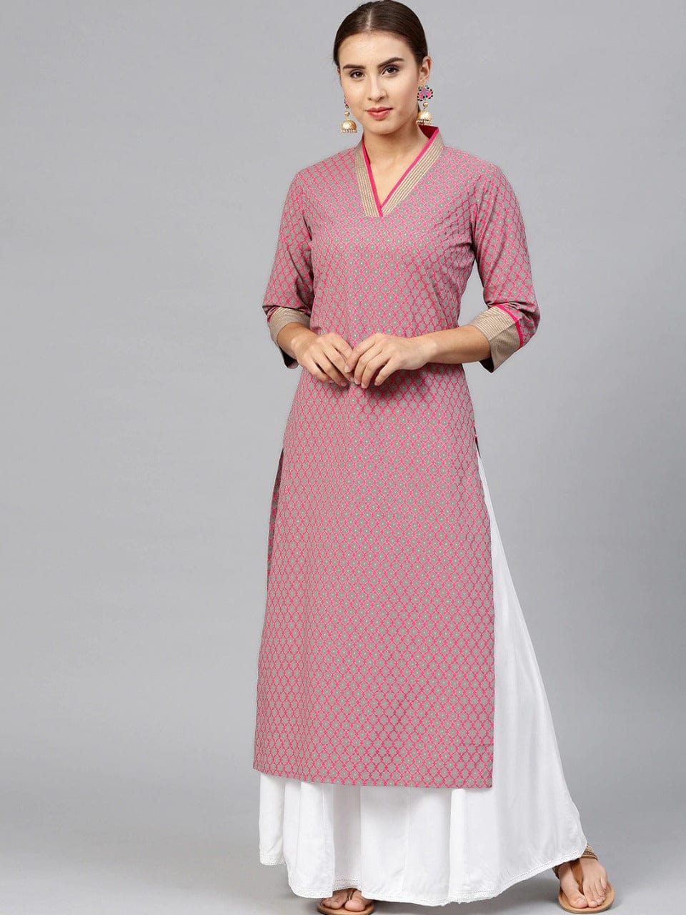 Women's Pink & Grey Printed Straight Kurta - Varanga