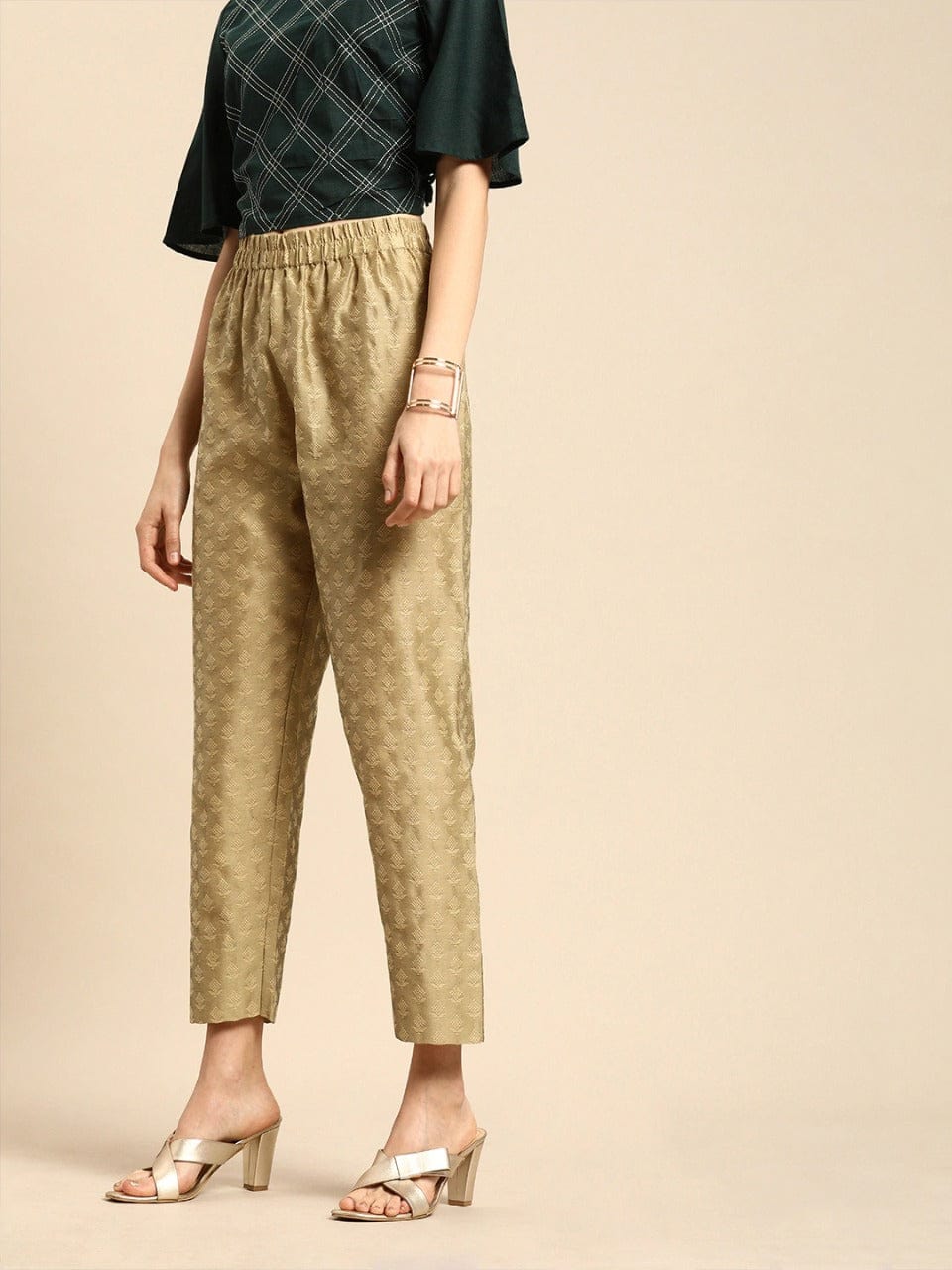 Women's Golden & Beige Regular Fit Woven Design Cropped Regular Trousers - Varanga