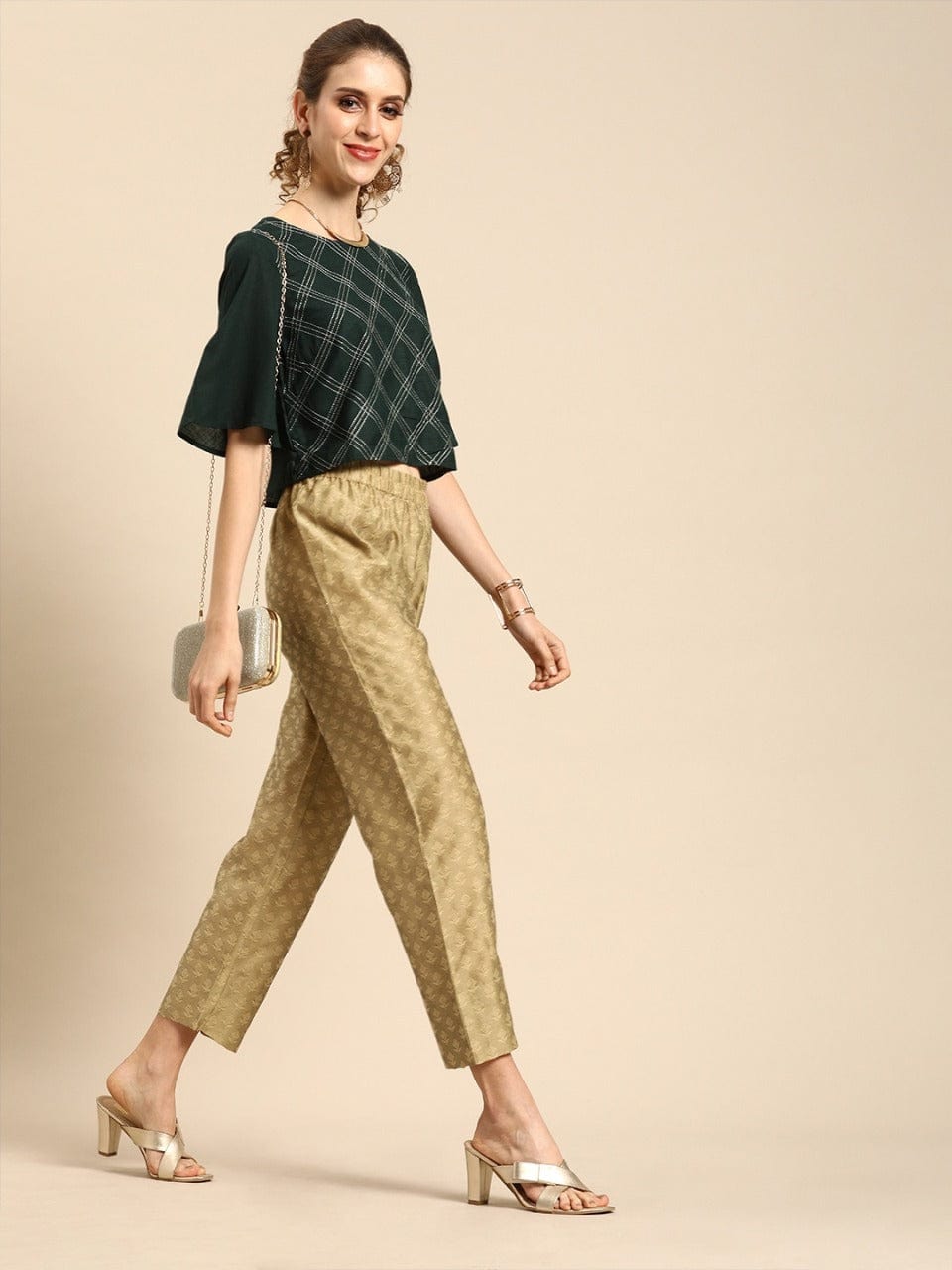 Women's Golden & Beige Regular Fit Woven Design Cropped Regular Trousers - Varanga