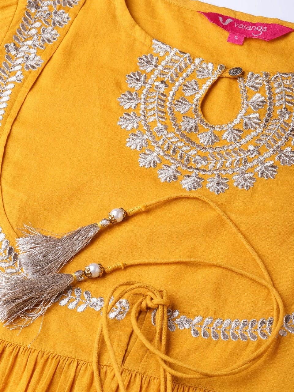 Women's Mustard Yellow Yoke Design Pure Cotton Gathered Keyhole Neck Kurta - Varanga