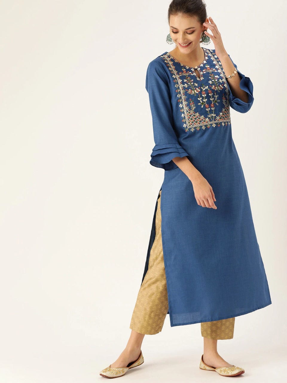 Women's Blue & Beige Embroidered Straight Kurta - Varanga