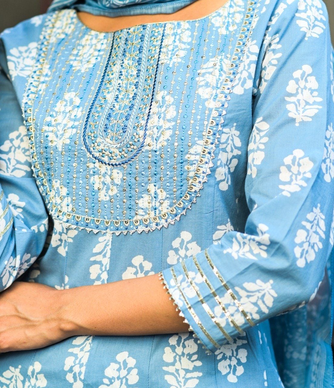 Women's Blue & White Embroidered Handblock Anarkali Kurta With Trousers & Dupatta Set - Yufta
