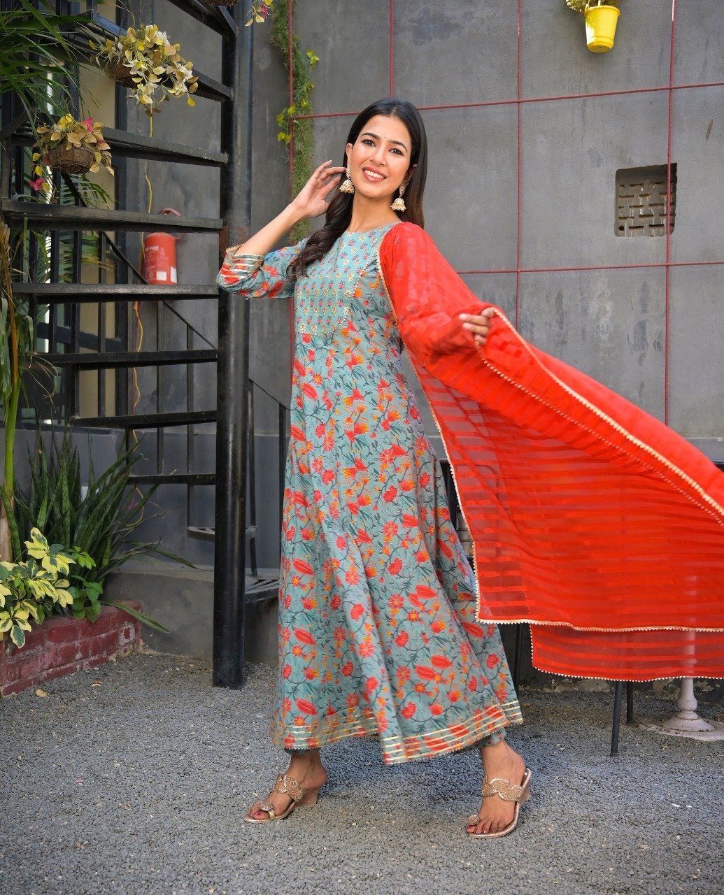Women's Grey & Orange Printed Anarkali Kurta & Trousers With Embroidery Dupatta Set - Yufta
