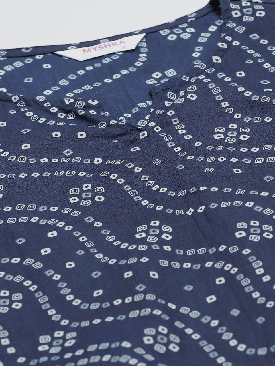 Women's Navy Blue Cotton Printed 3/4 Sleeve Round Neck Casual Dress - Myshka