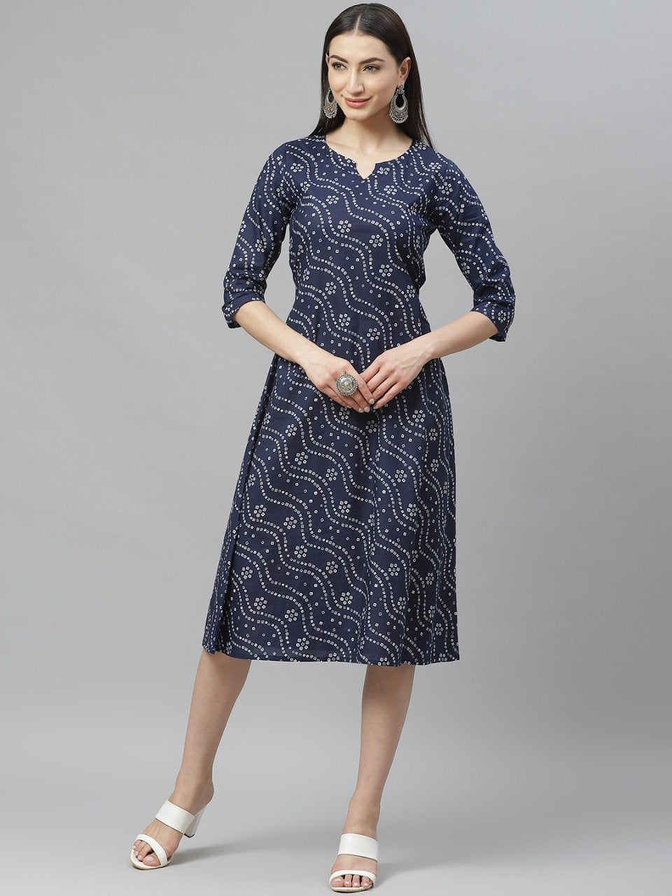 Women's Navy Blue Cotton Printed 3/4 Sleeve Round Neck Casual Dress - Myshka