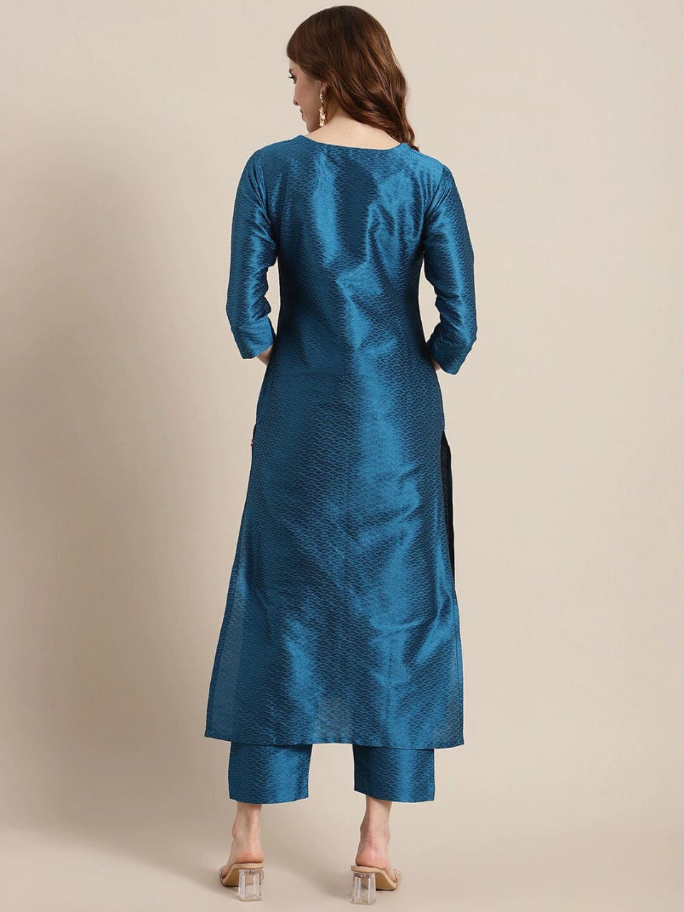 Women's Blue Woven Design Kurta with Trousers - Varanga
