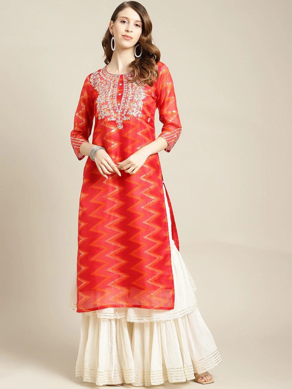 Women's Red Thread Work Cotton Kurta - Varanga