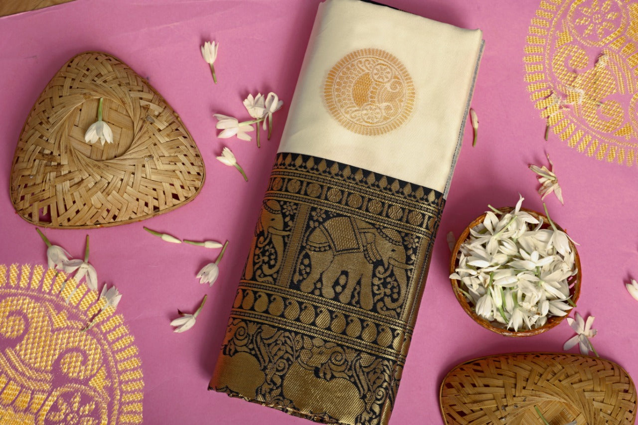 Women's Kanchipuram Synthetic Silk Brocade Cream & Black Saree - MANOHARA