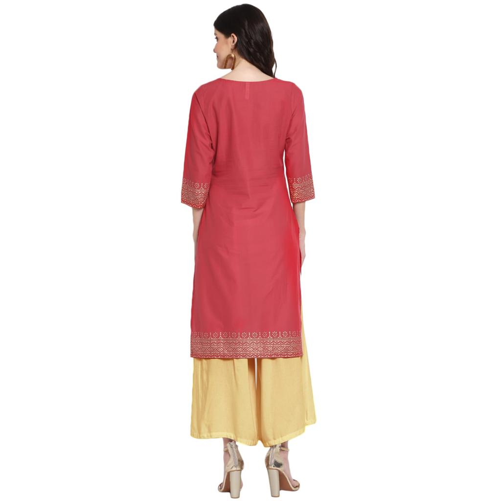Women's Pink Printed Straight Kurta - Wahe-Noor