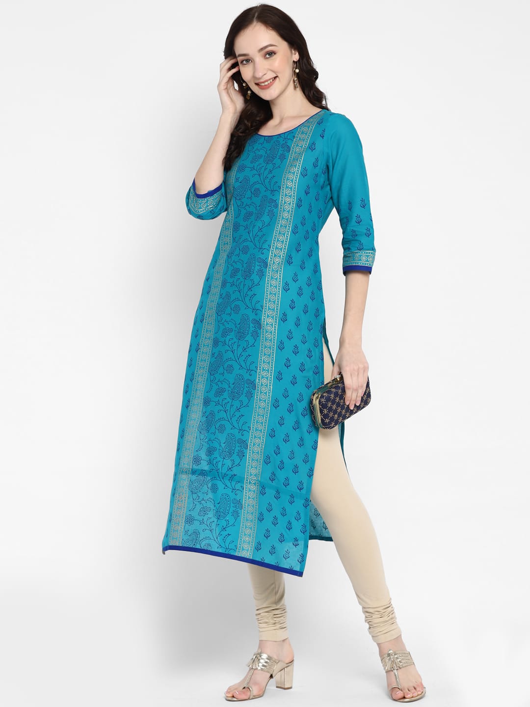 Women's Blue Cotton Printed Straight Kurti With Block Print - Wahe-Noor