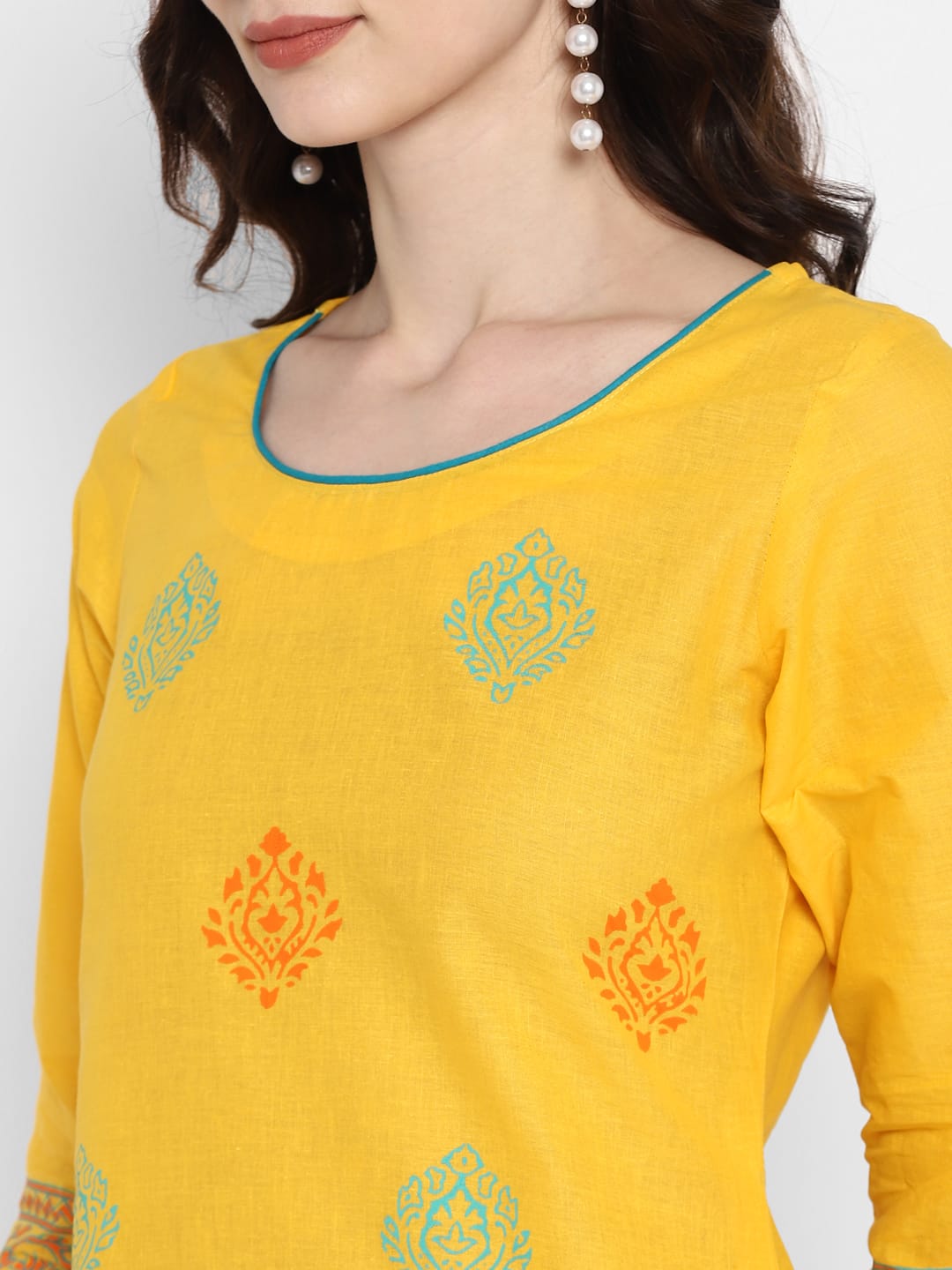 Women's Yellow Cotton Printed Straight Kurti With Block Print - Wahe-Noor