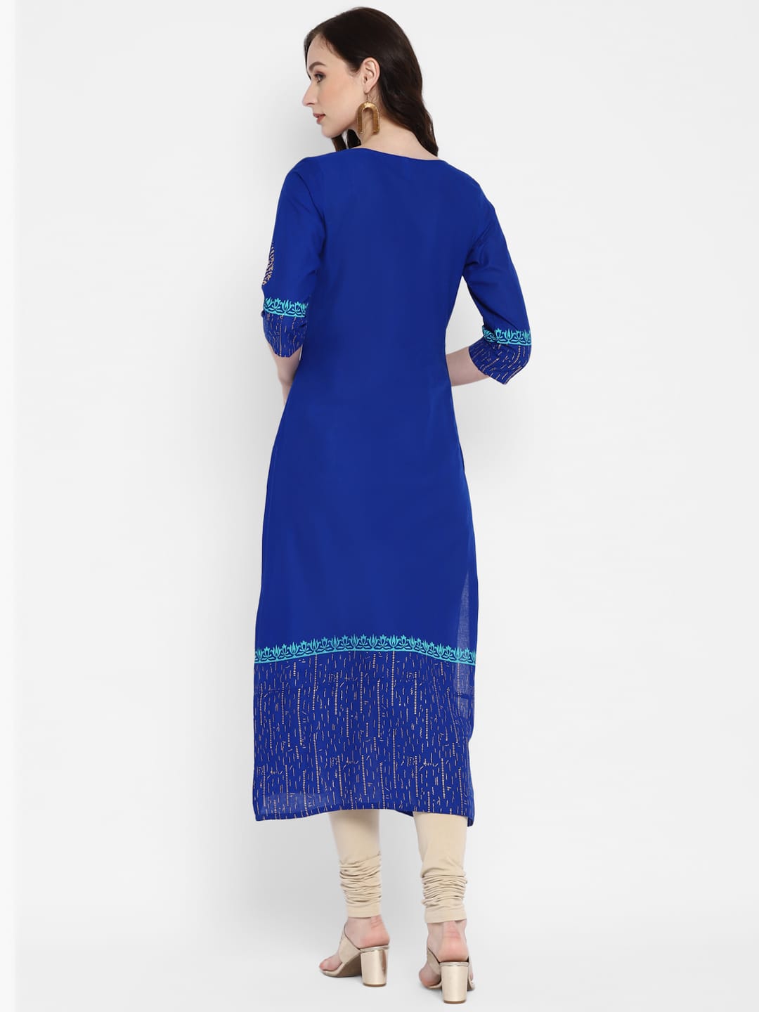 Women's Blue Cotton Printed Straight Kurti With Block Print - Wahe-Noor