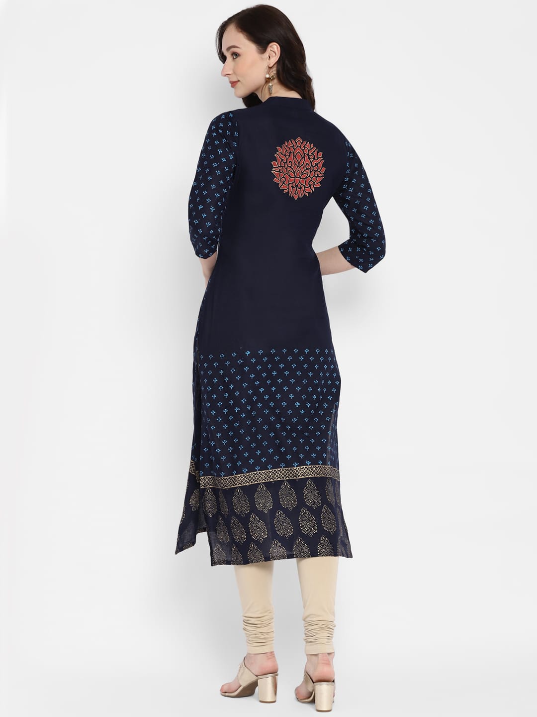 Women's Navy Blue Cotton Printed Straight Kurti With Block Print - Wahe-Noor