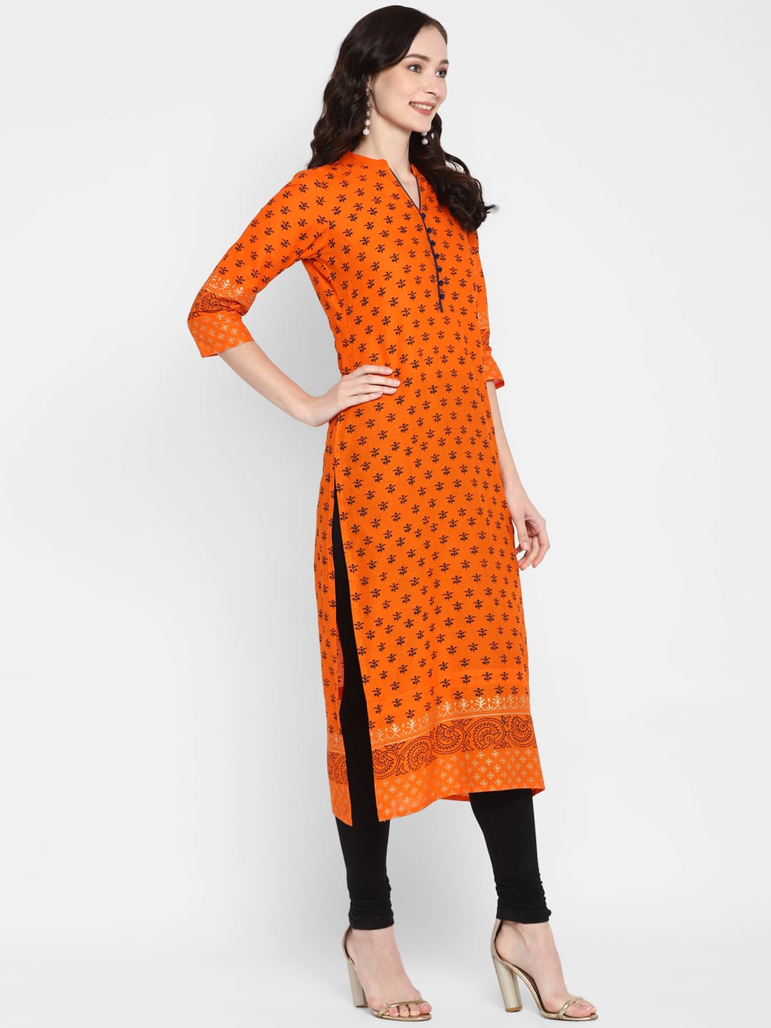 Women's Orange Cotton Printed Straight Kurti With Block Print - Wahe-Noor