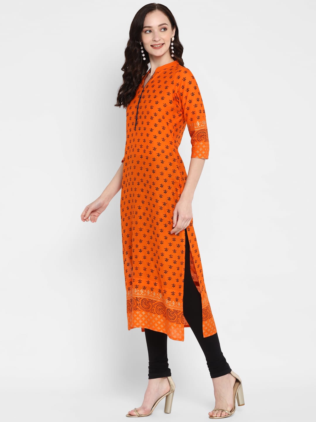 Women's Orange Cotton Printed Straight Kurti With Block Print - Wahe-Noor