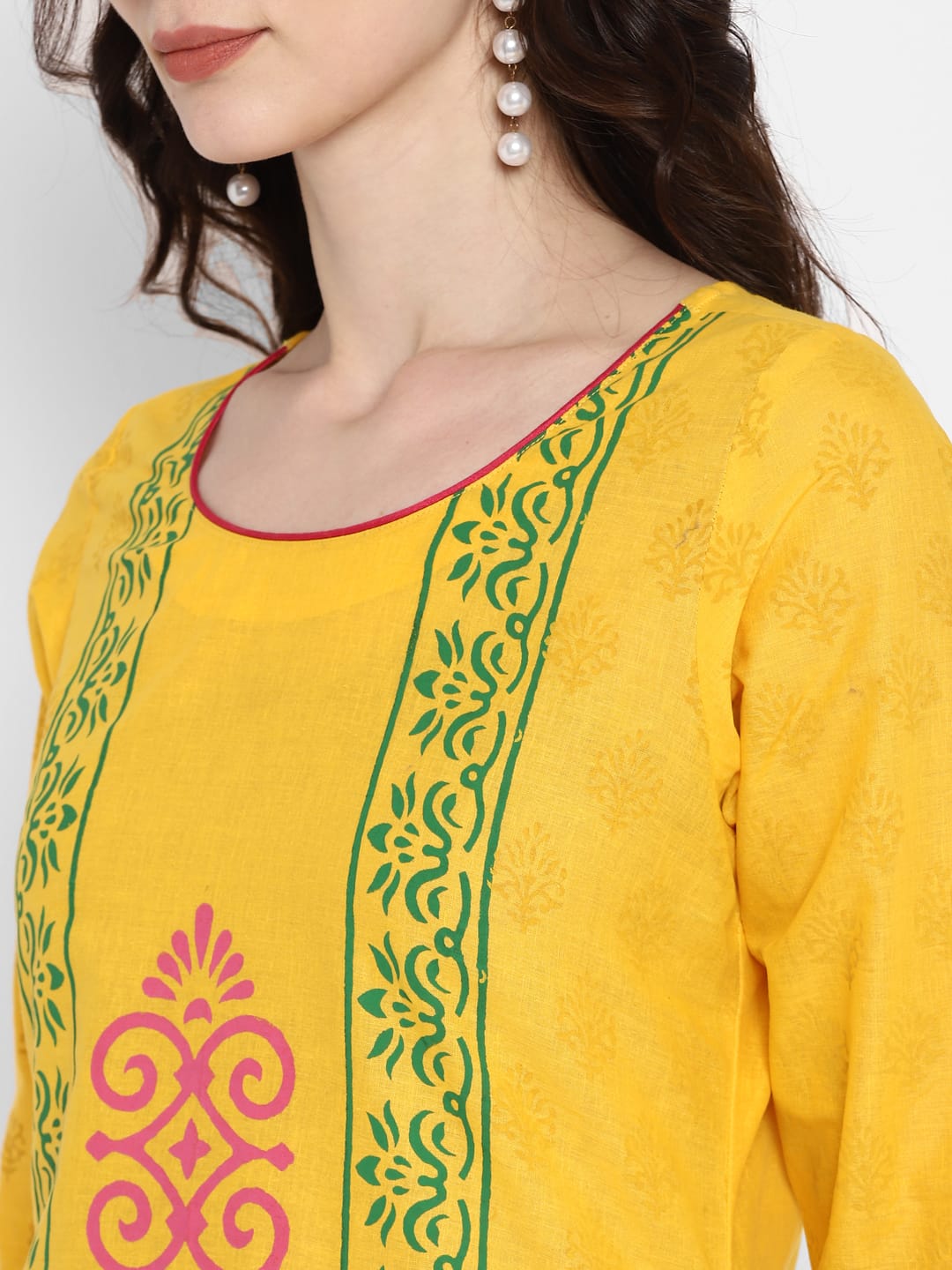 Women's Yellow Cotton Printed Straight Kurti With Block Print - Wahe-Noor