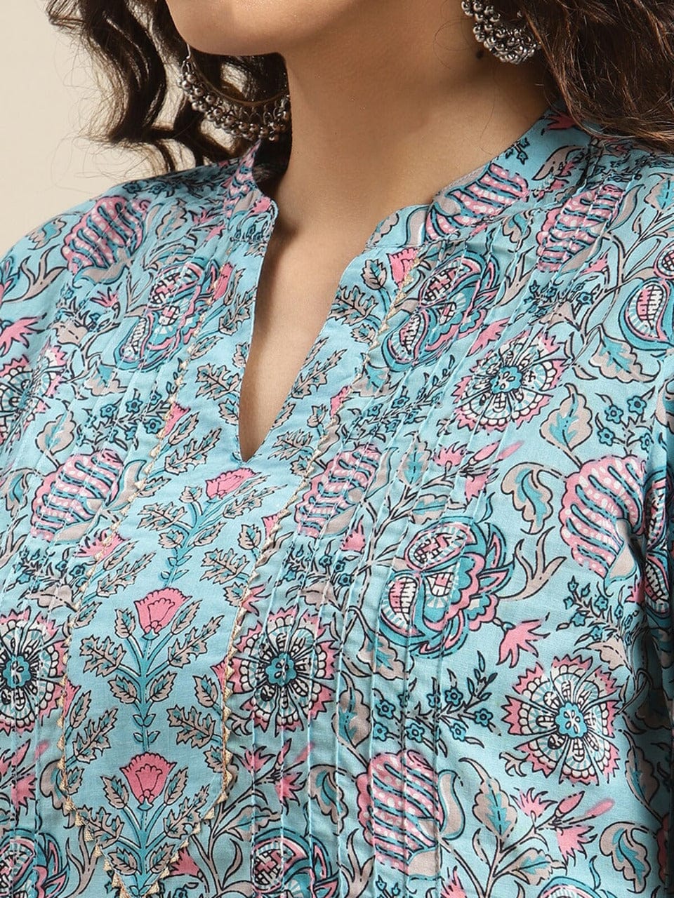 Women's Turquoise Blue Floral Printed Thread Work Cotton Kurta - Varanga