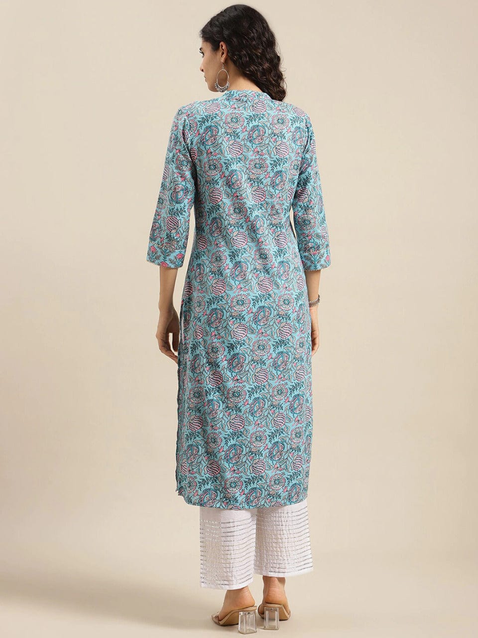 Women's Turquoise Blue Floral Printed Thread Work Cotton Kurta - Varanga