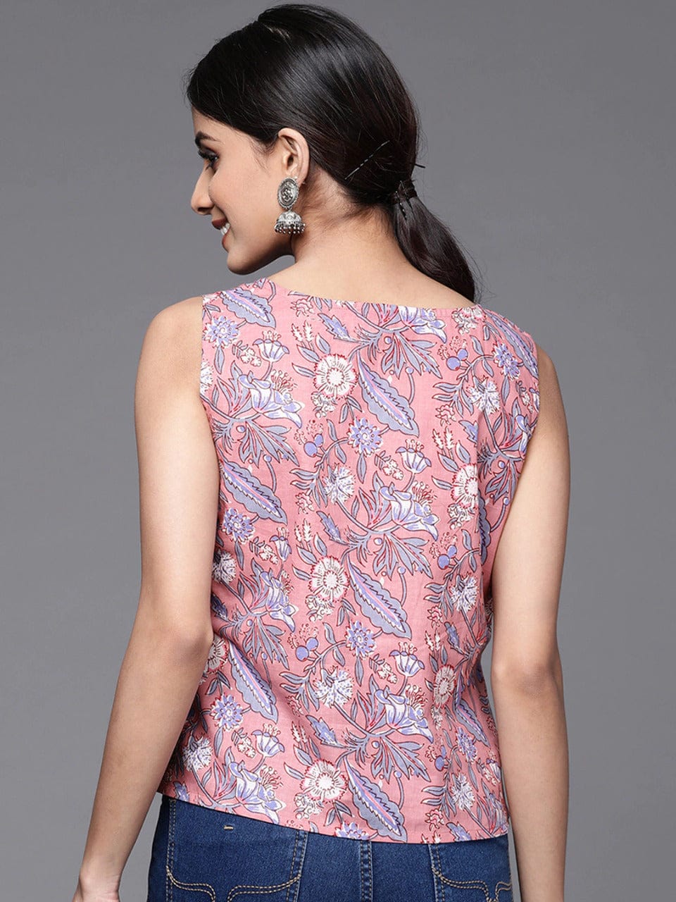 Women's Pink & Blue Floral Print Cotton Top - Varanga