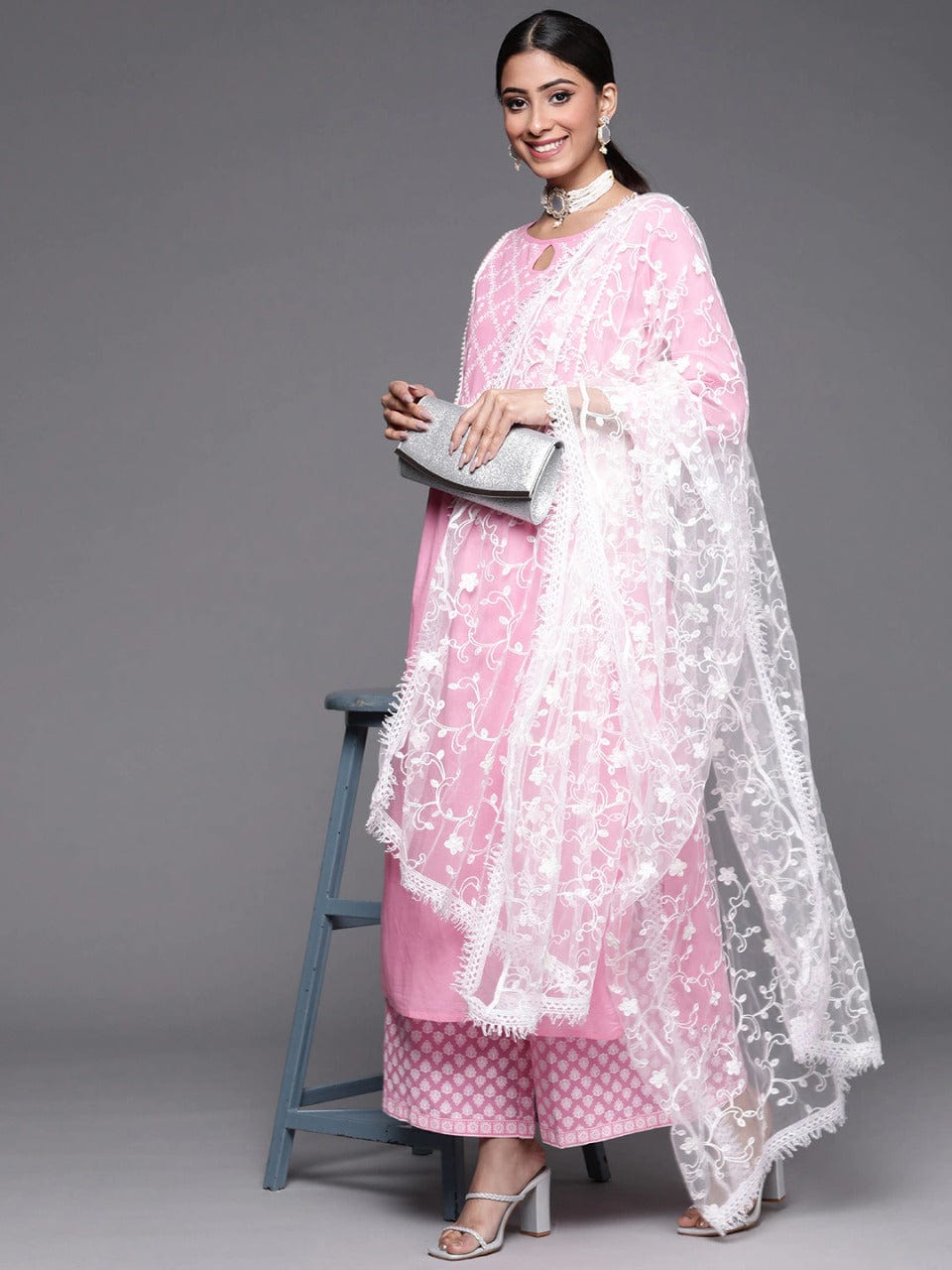 Women's Pink Ethnic Motifs Printed Pure Cotton Kurta with Palazzos & Dupatta - Varanga