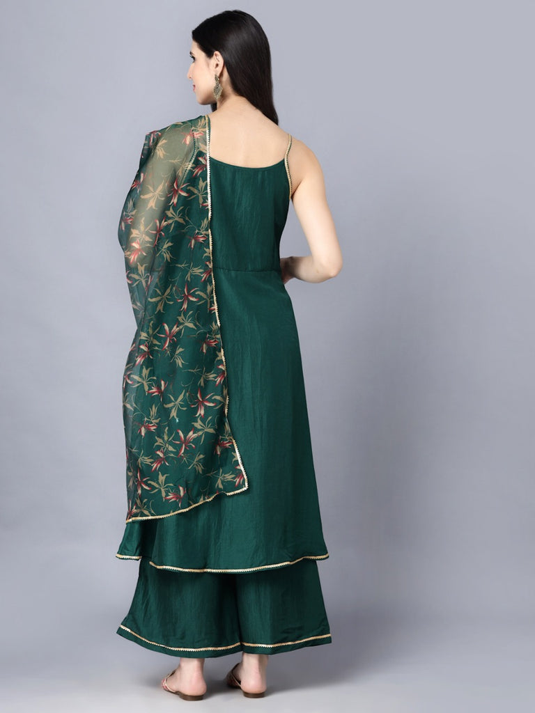 Women Dark Green Silk Kurta with Palazzo & Dupatta Set by Myshka (