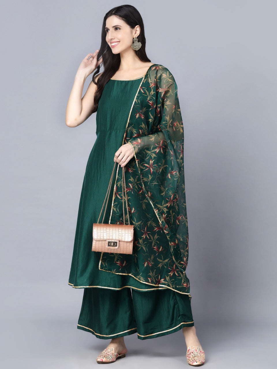 Women Dark Green Silk Kurta with Palazzo & Dupatta Set by Myshka (