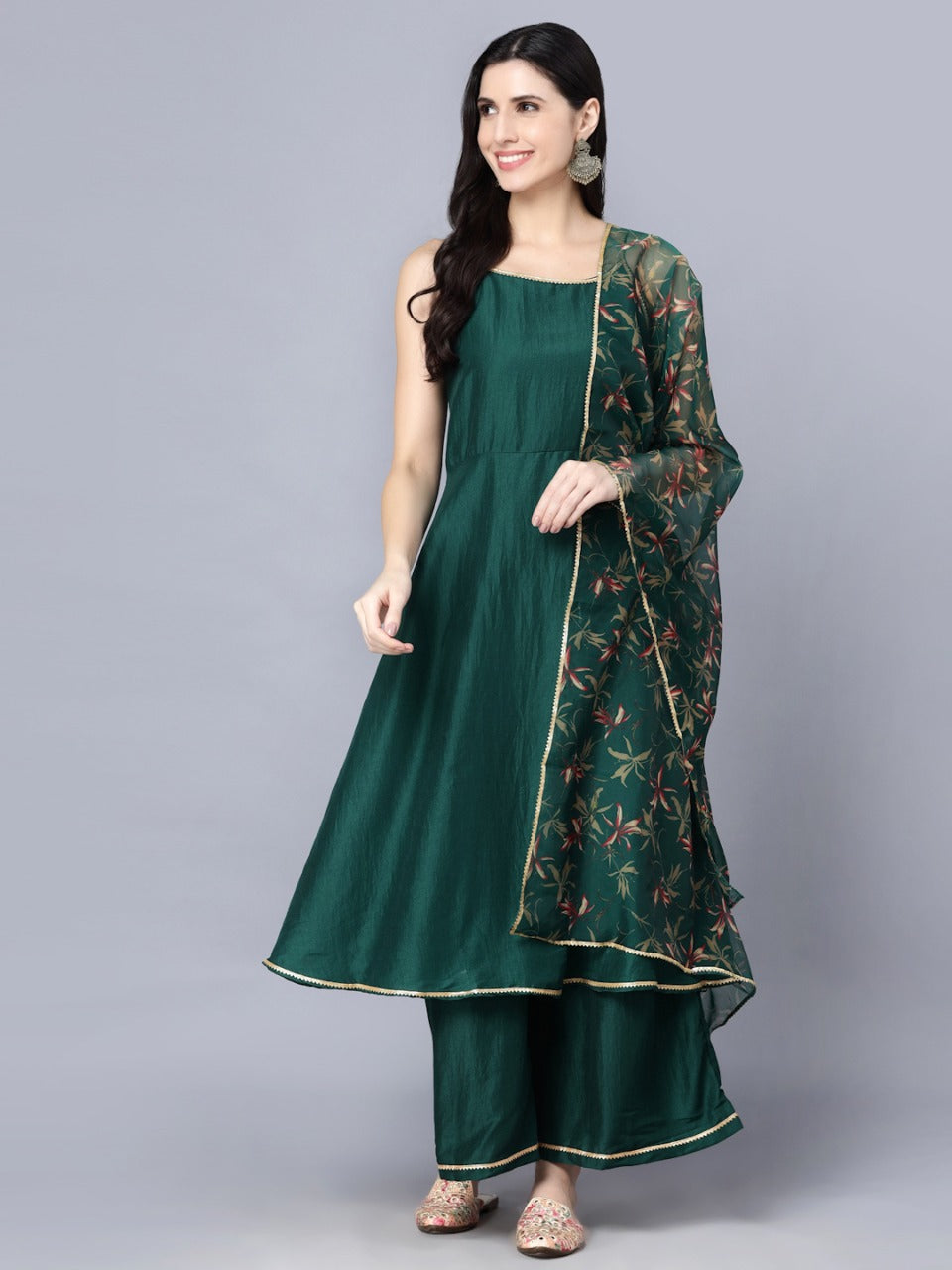 Women Dark Green Silk Kurta with Palazzo & Dupatta Set by Myshka (