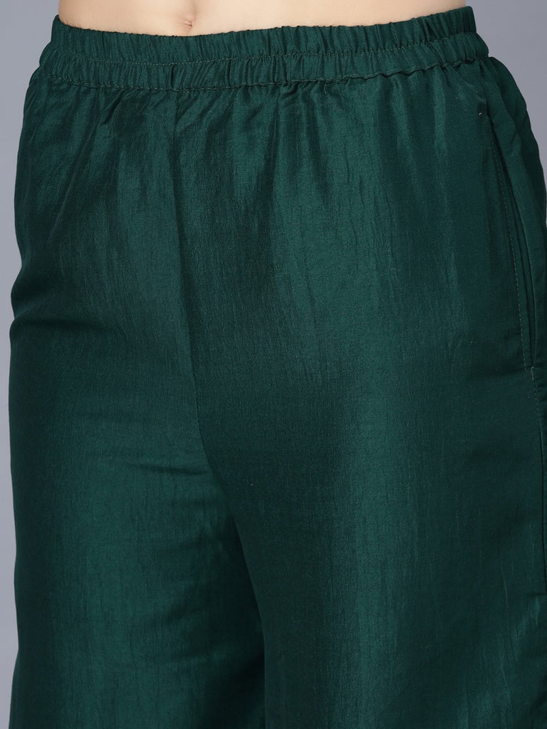 Women Dark Green Silk Kurta with Palazzo & Dupatta Set by Myshka (