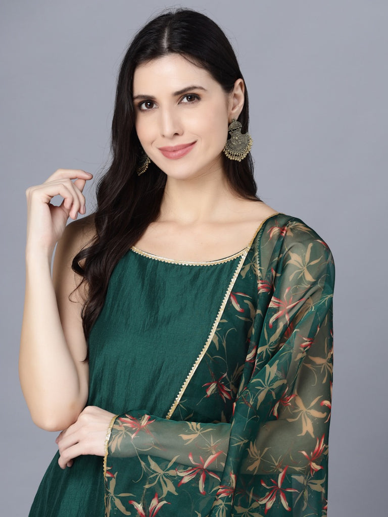 Women Dark Green Silk Kurta with Palazzo & Dupatta Set by Myshka (