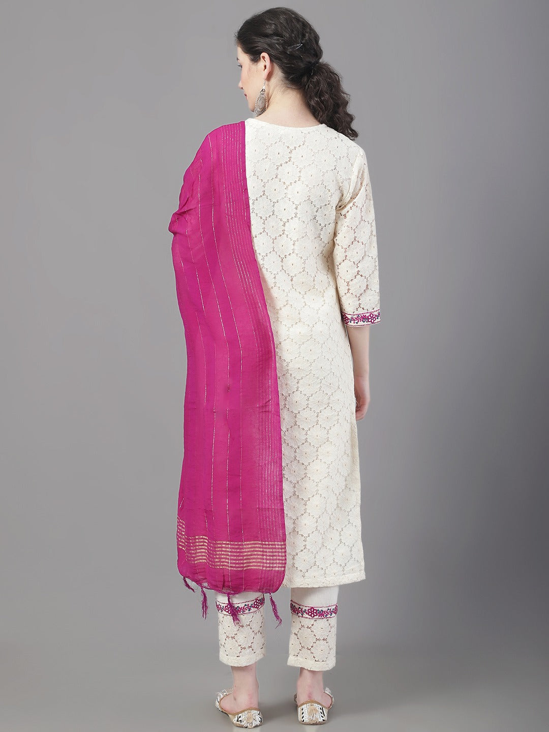 Women's Embroidered Thread Work Pure Cotton Kurta With Trousers & With Dupatta - Noz2Toz